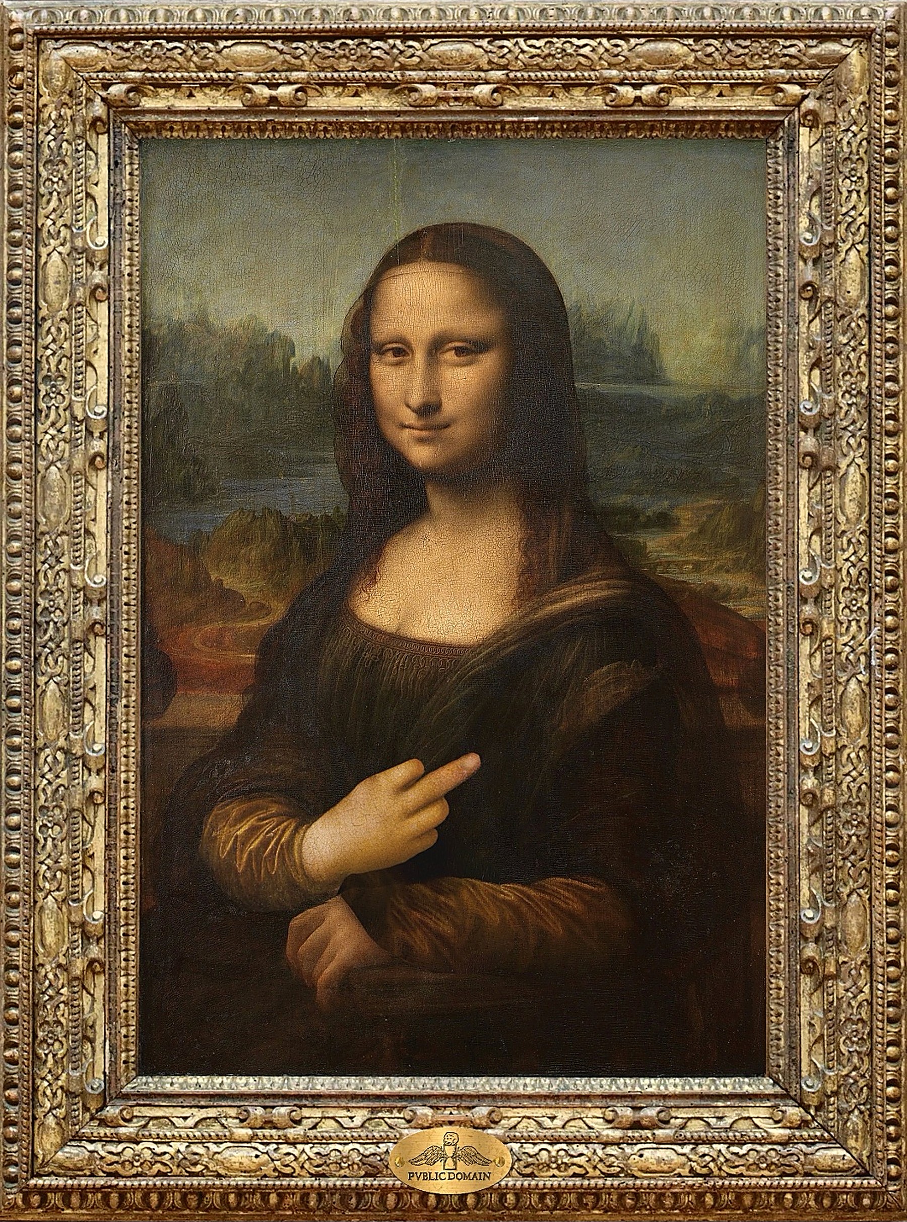 Mona Lisa in an ornate gold frame with a PVBLIC DOMAIN plaque